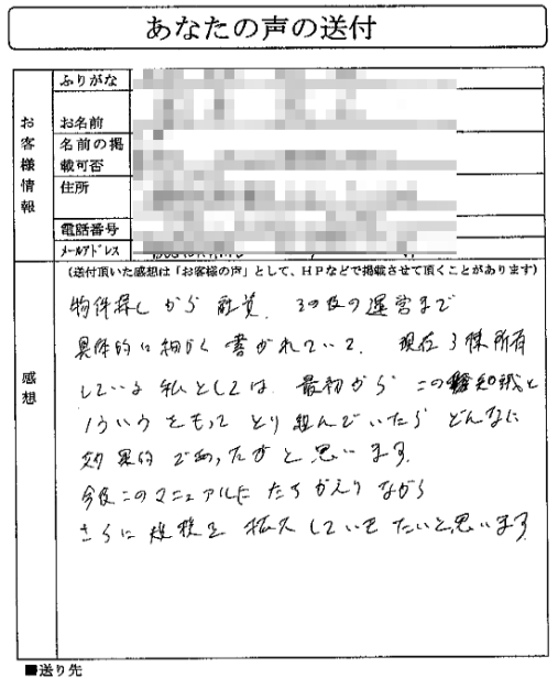 物件探しから融資、その後の運営まで、具体的に細かく書かれていて、
現在３棟所有している私としては、最初からこの知識とノウハウをもって取り組んでいたら、
どんなに効果的であったかと思います。

今後も、このマニュアルに立ち返りながら、
さらに規模を拡大していきたいと思います。
（関東地方　Oさん）